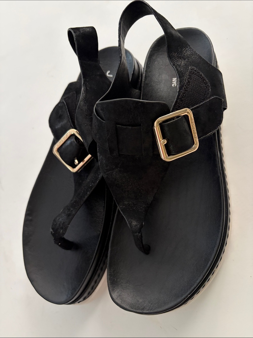 J Slides J/SLIDES Shoes Women's Becky Sandals In Black Suede Gold Buckle 7.5 - Picture 8 of 16